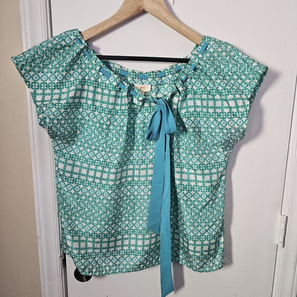Geometric Silk Tie Bow Blouse Green Sz M Coquette Girly Feminine Y2K Soft Girl
